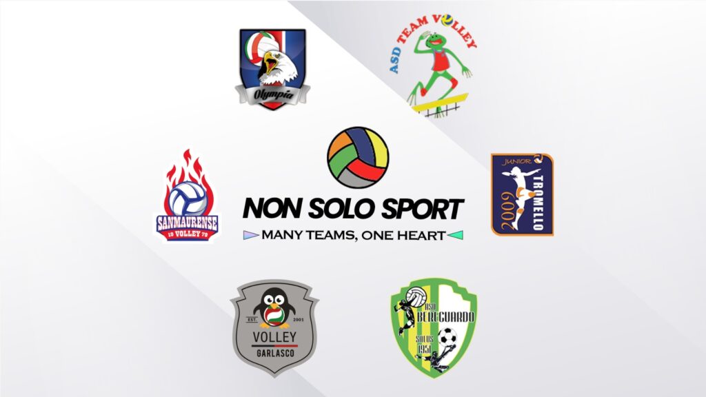 Logo di "Non Solo Sport. Many teams, one heart. Intorno i loghi delle società coinvolte: Volley 2001 Garlasco, ASD Bereguardo, Olympia Buccinasco, Volley Sanmaurense Pavia, Team Volley Sannazzaro, Junior Tromello 2009.